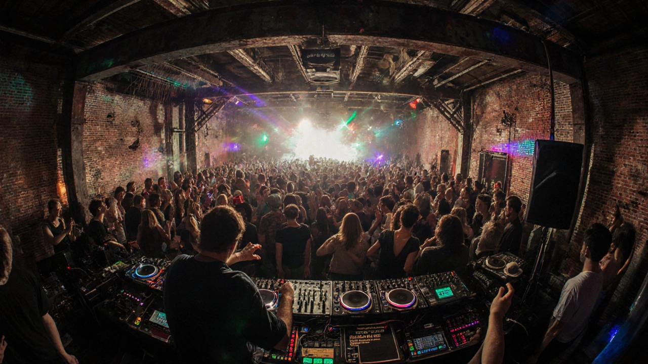 Crowd dancing in Melkweg&#039;s main hall under strobing lights during a live electronic music set.