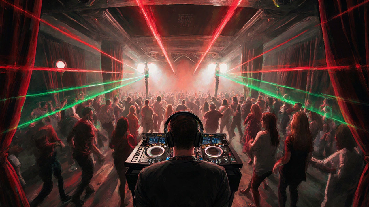 Dancefloor at Club NYX with pulsing red and green lights and a diverse crowd moving to deep house music.