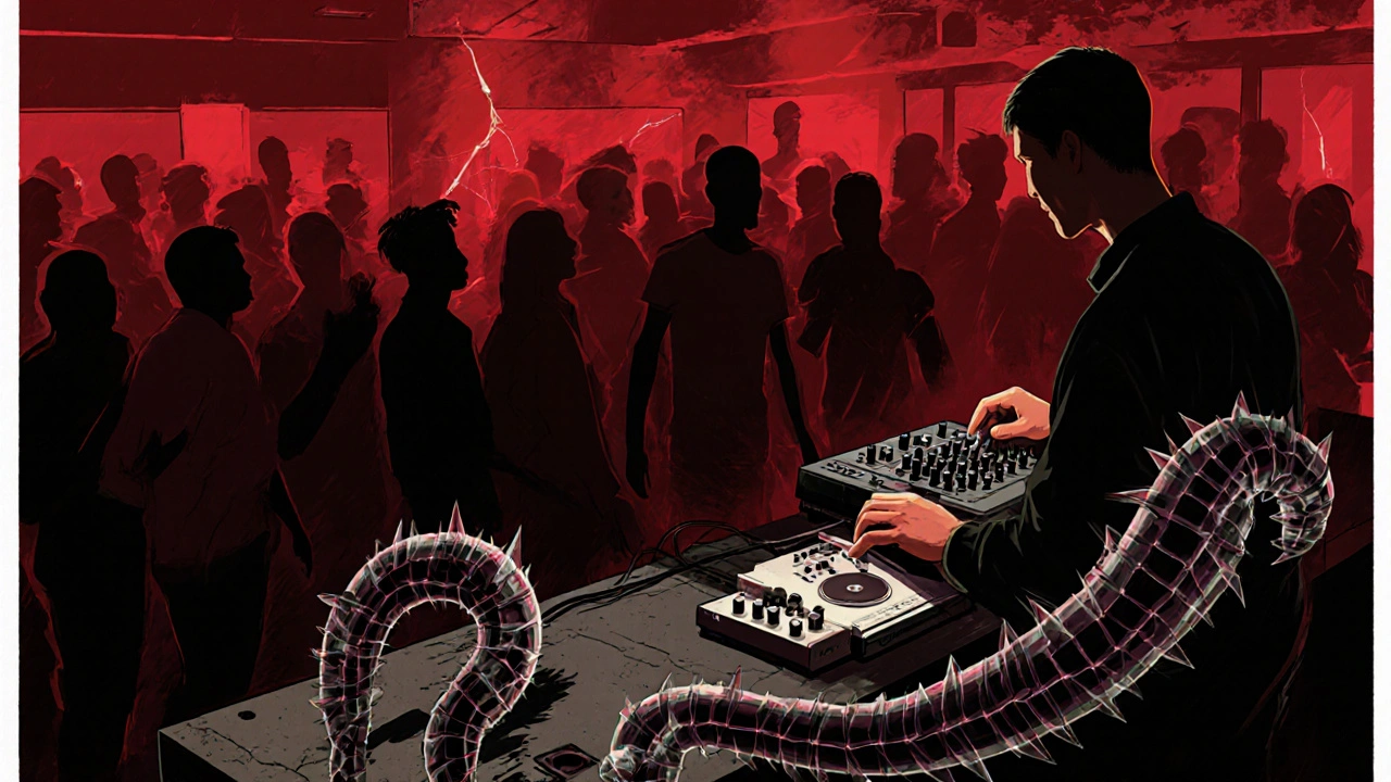 De School dance floor bathed in red light, distorted basslines visualized as metallic waves among motion-blurred figures.