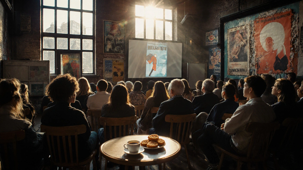 Diverse audience watching a film in Melkweg&#039;s cinema during daytime, with coffee and stroopwafels on a table.