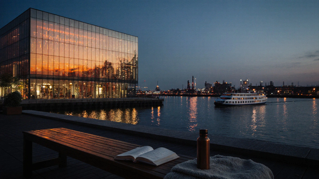 Empty wooden bench on museum rooftop at dusk, river reflection and city lights.