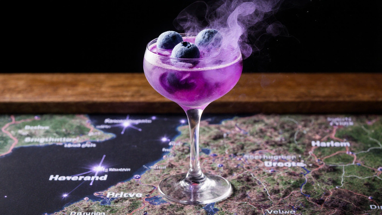 Floating blueberry spheres burst into mist above a cocktail, surrounded by lavender and beetroot swirls against a Dutch landscape map.