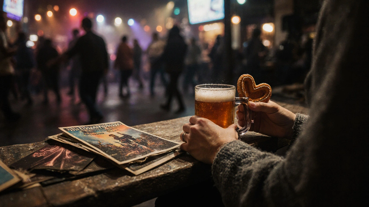 Hands holding jenever and stroopwafel on wooden bench, vintage concert posters in background, soft bokeh of dancers.
