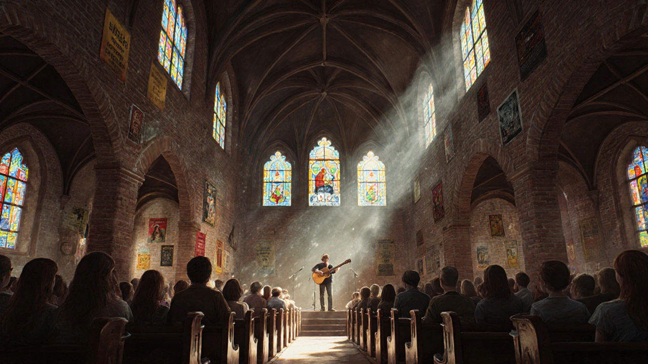 Inside Paradiso: colored light from stained-glass windows illuminates a crowd beneath vaulted ceilings, guitarist on stage.