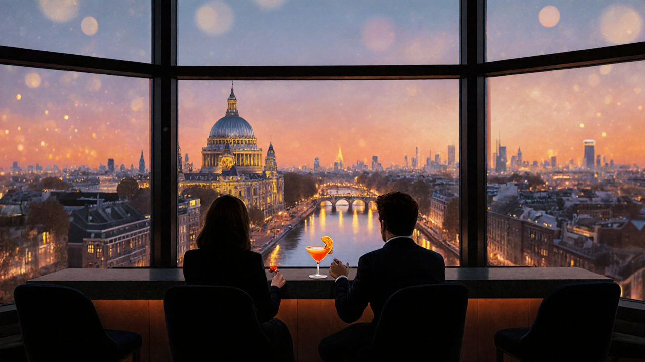 Luxury rooftop bar with city view at golden hour, cocktail on bar counter.