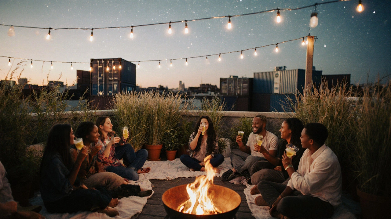 People relaxing on blankets at De Ceuvel’s eco-rooftop lounge under string lights and stars.