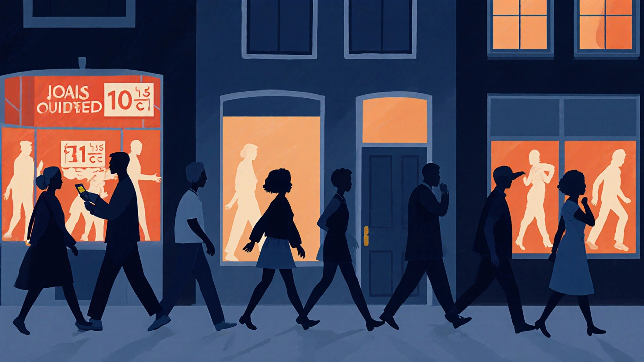 Silhouetted figures walking past glowing windows in Amsterdam&#039;s Red Light District, each showing different reactions of respect and awareness.