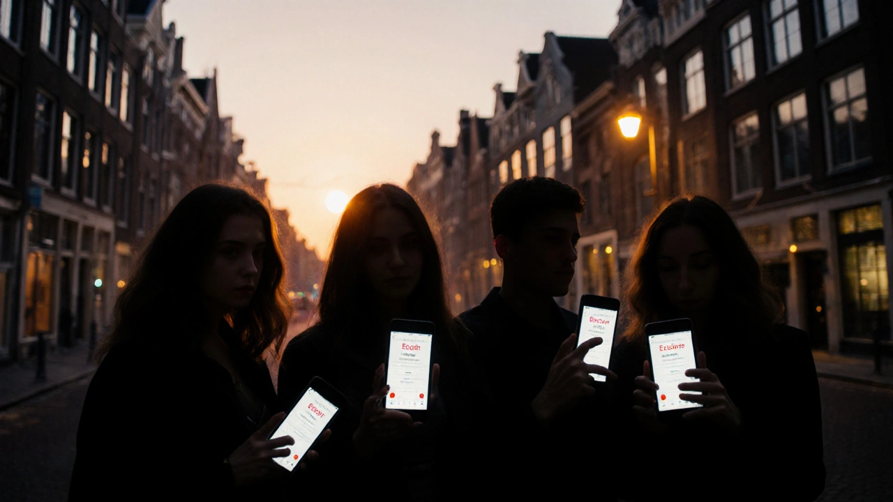 Silhouettes of diverse sex workers holding smartphones with glowing escort apps, facing a fading Red Light District skyline.