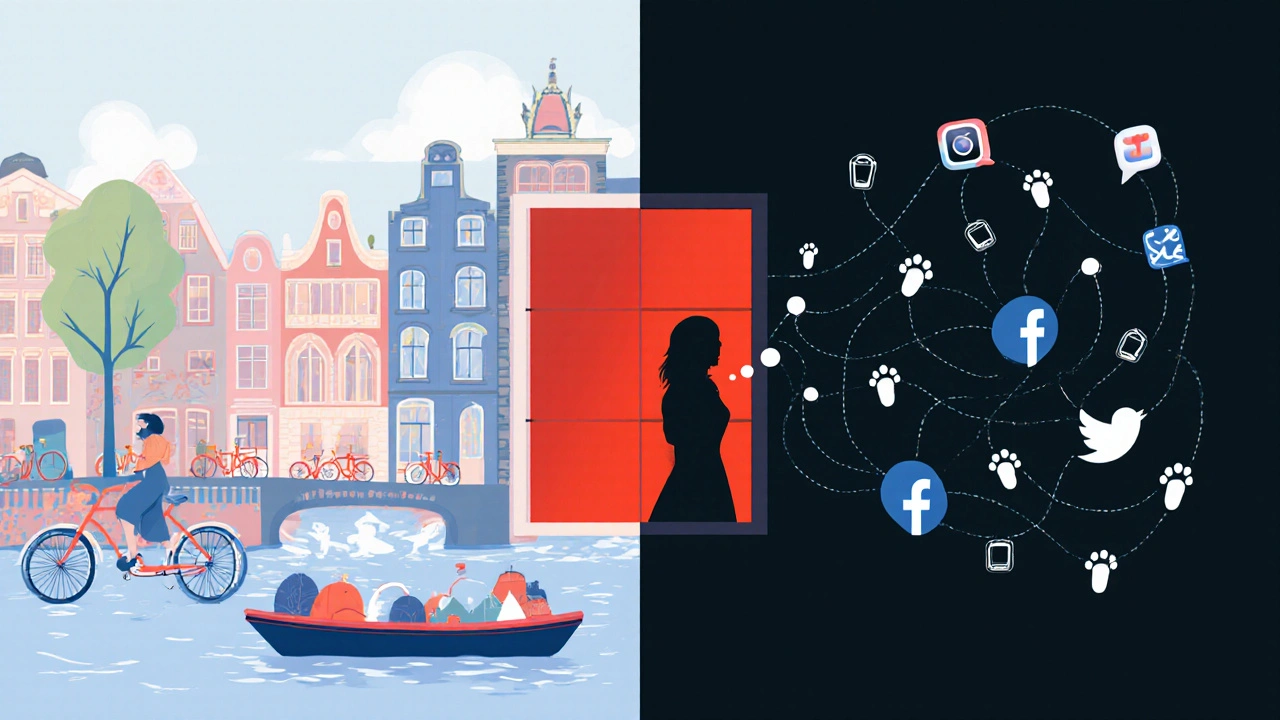 Split image showing official Amsterdam tourism symbols alongside a glowing red window representing its unofficial brand.