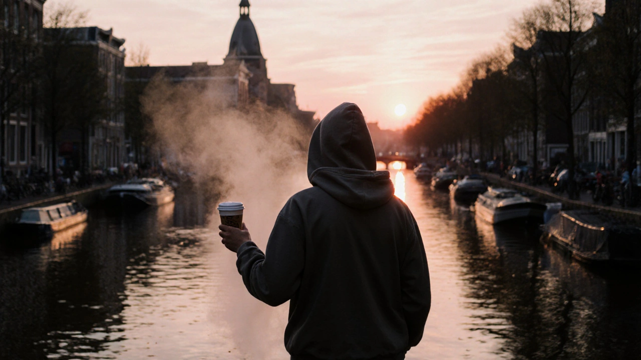 Sunrise over Amsterdam canal as a lone figure walks away from the club with coffee, quiet morning atmosphere.