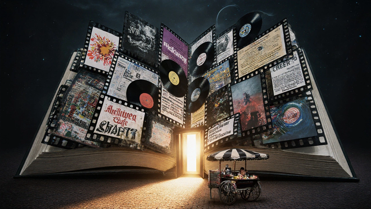 Surreal vision of Melkweg as a living archive of music, art, and culture, glowing with film reels and vinyl.