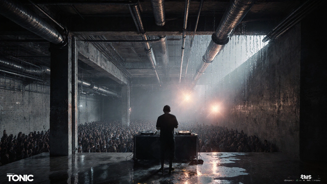TONIC’s underground venue with steel beams and raw concrete, bass vibrations rippling through the air above puddled floors.