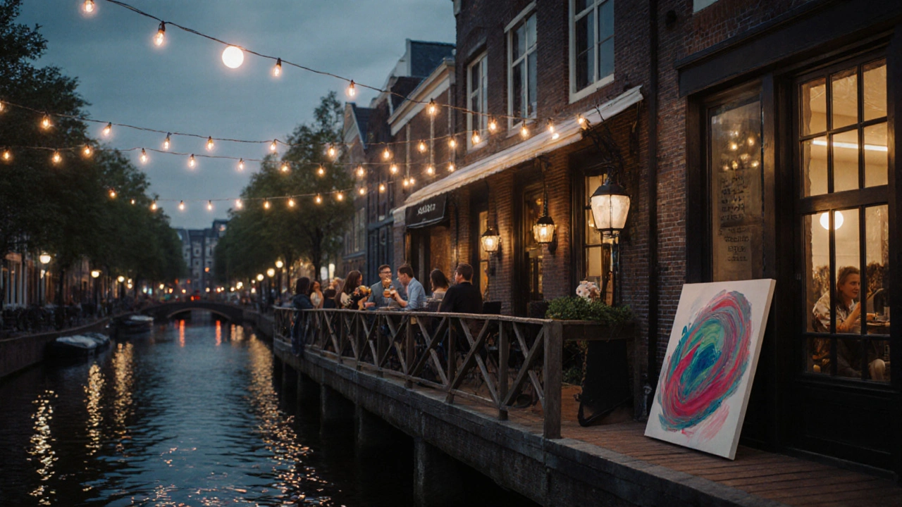 Tranquil terrace at Club NYX with string lights, canal boats, and a painter&#039;s canvas under moonlight.