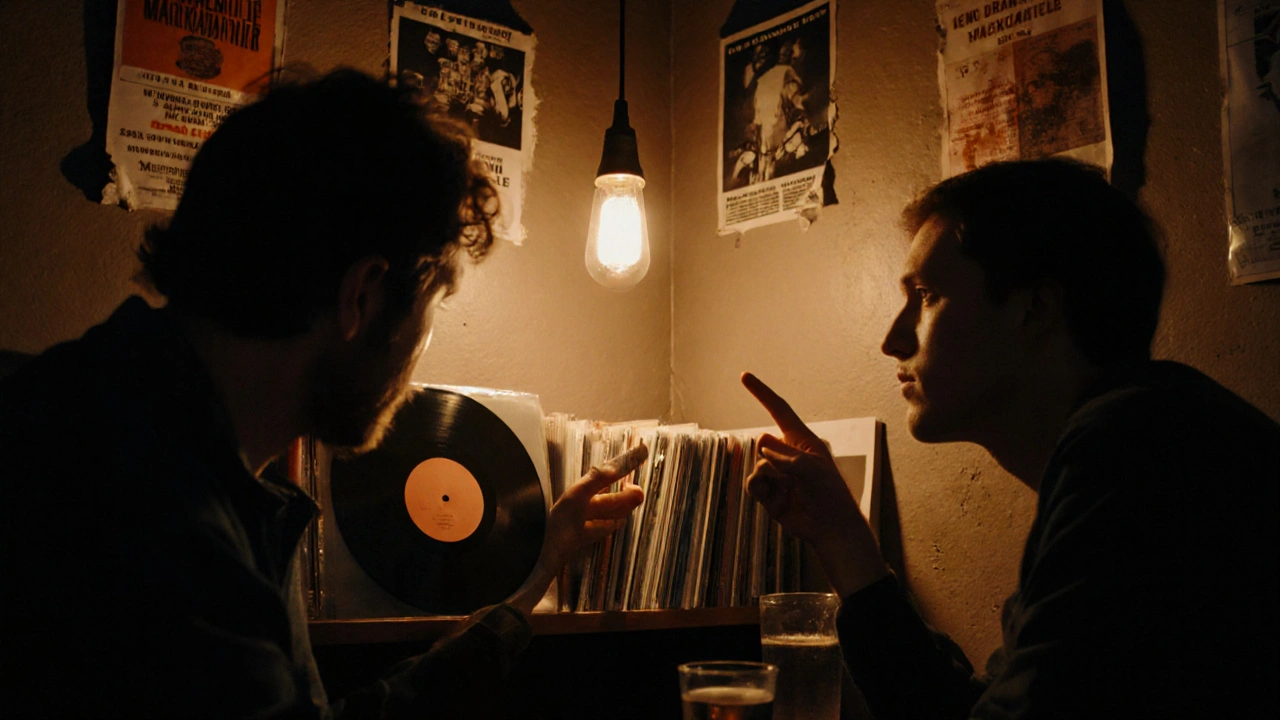 Two people sharing a quiet moment over a vinyl record in a dimly lit club corner.