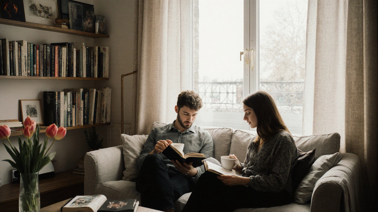 Two people sitting calmly in a cozy Amsterdam apartment, reading books and drinking coffee together.