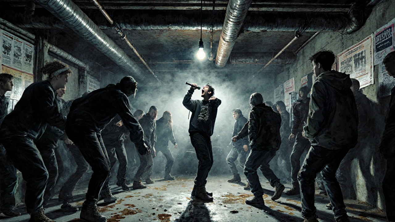 Underground basement at Melkweg with fog, moshing crowd, and noise artist performing under flickering light.