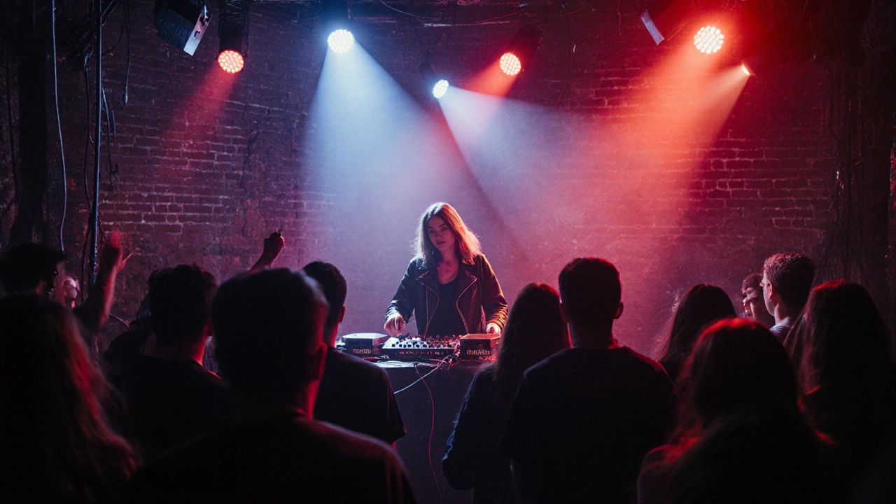 Underground techno party in a warehouse with DJ and crowd lost in pulsing lights and industrial surroundings.