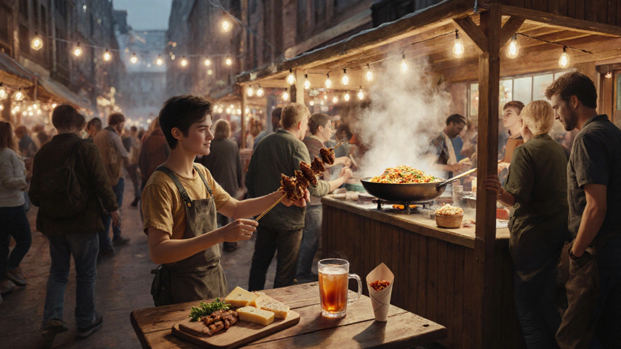 Vibrant food hall at night with vendors serving satay, fries, and cheese boards under string lights.