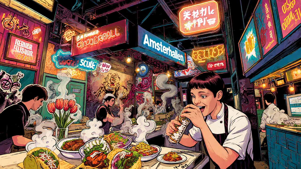 Vibrant food hall scene with a chef rolling a unique sushi taco and customers enjoying fusion dishes at night.