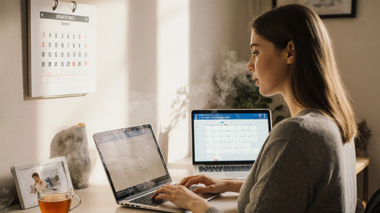 Woman working from home on a laptop, displaying an escort platform, with a cup of tea and family photo nearby.
