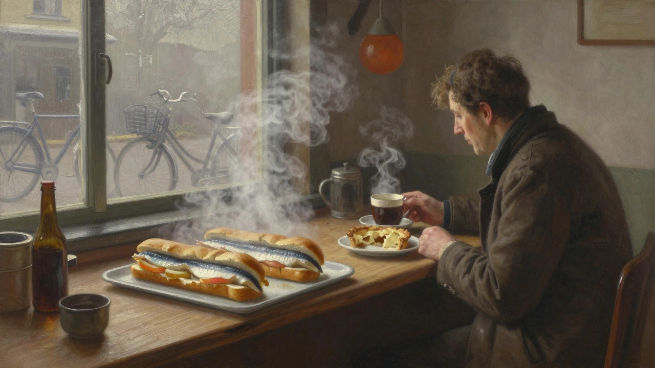 A 4 a.m. sandwich shop with a herring sandwich and apple pie on a wooden counter, morning light streaming through a window.