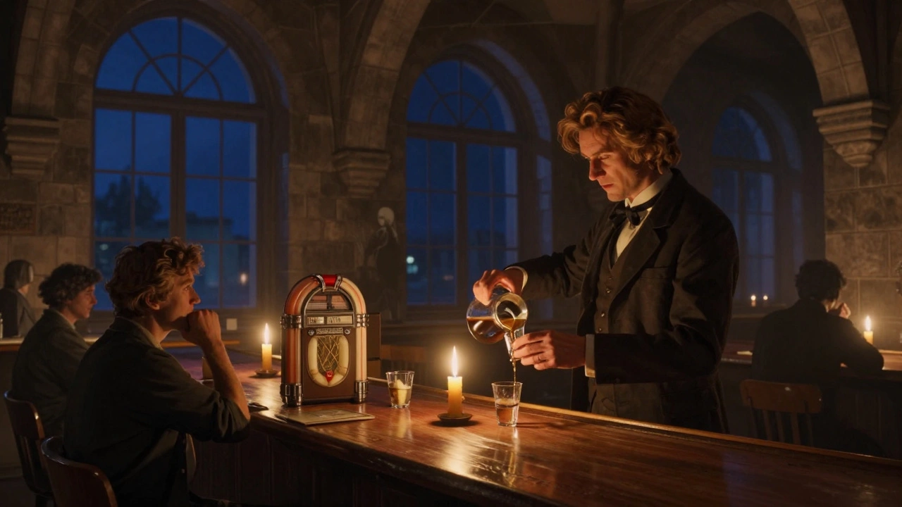 A candlelit cellar bar with stone arches and a bartender pouring Dutch gin in silence.