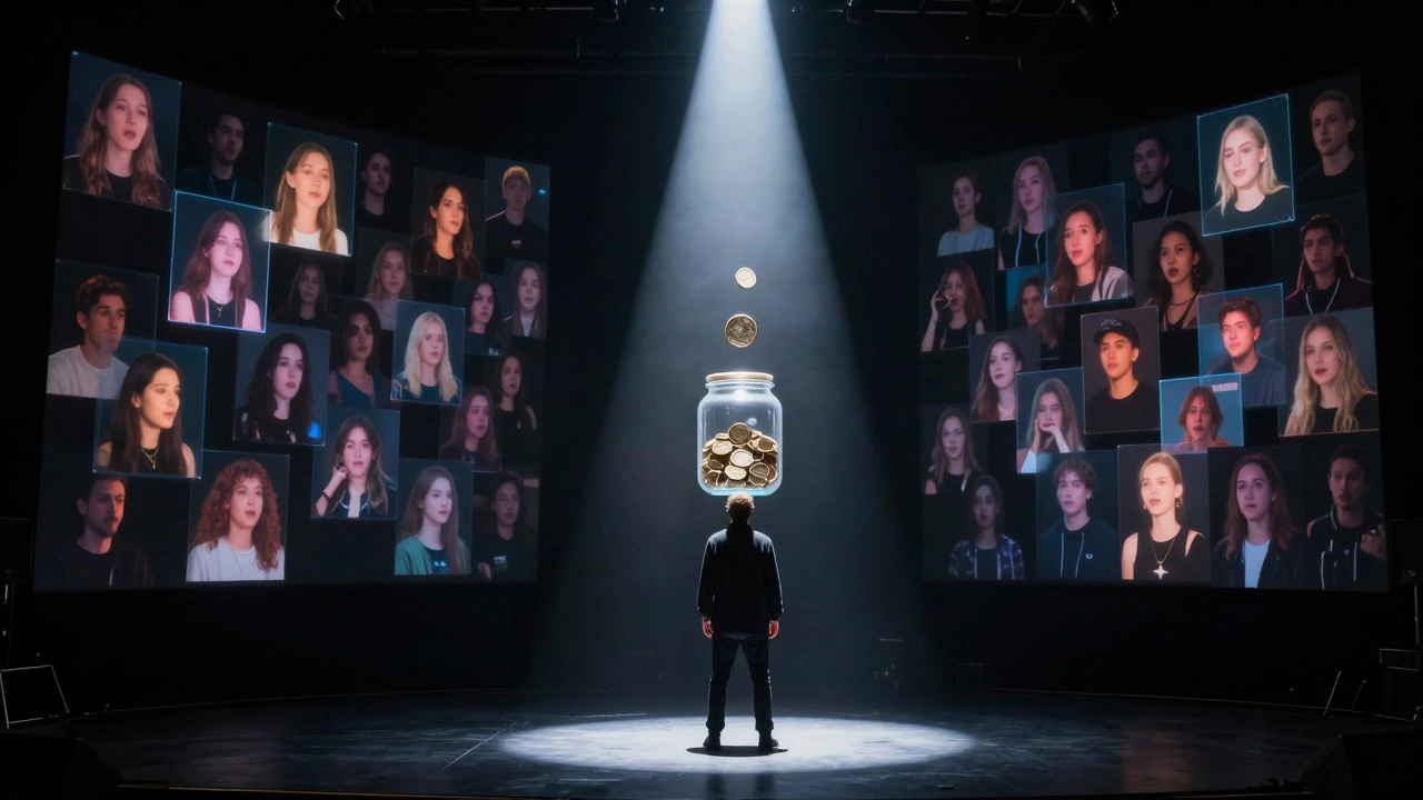 A DJ on an empty stage is surrounded by holographic virtual fans, while a single coin dissolves into pixels.