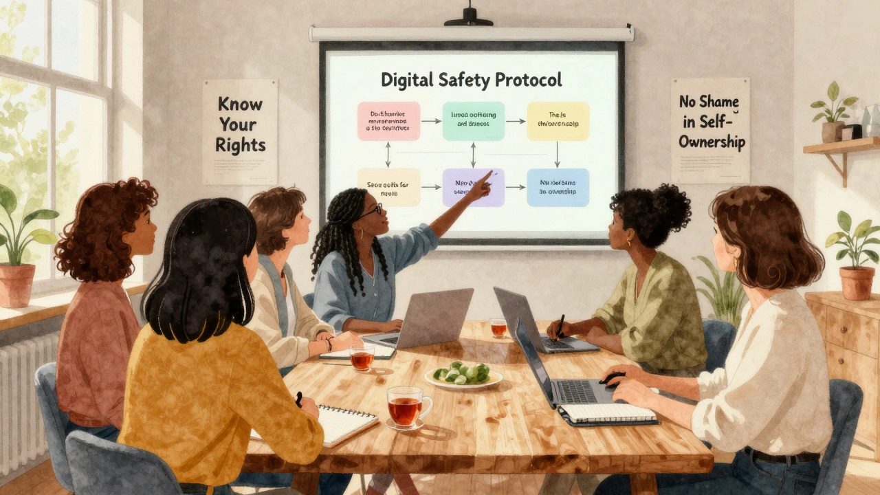 A group of women in a supportive meeting, learning digital safety practices in a bright Amsterdam workspace.