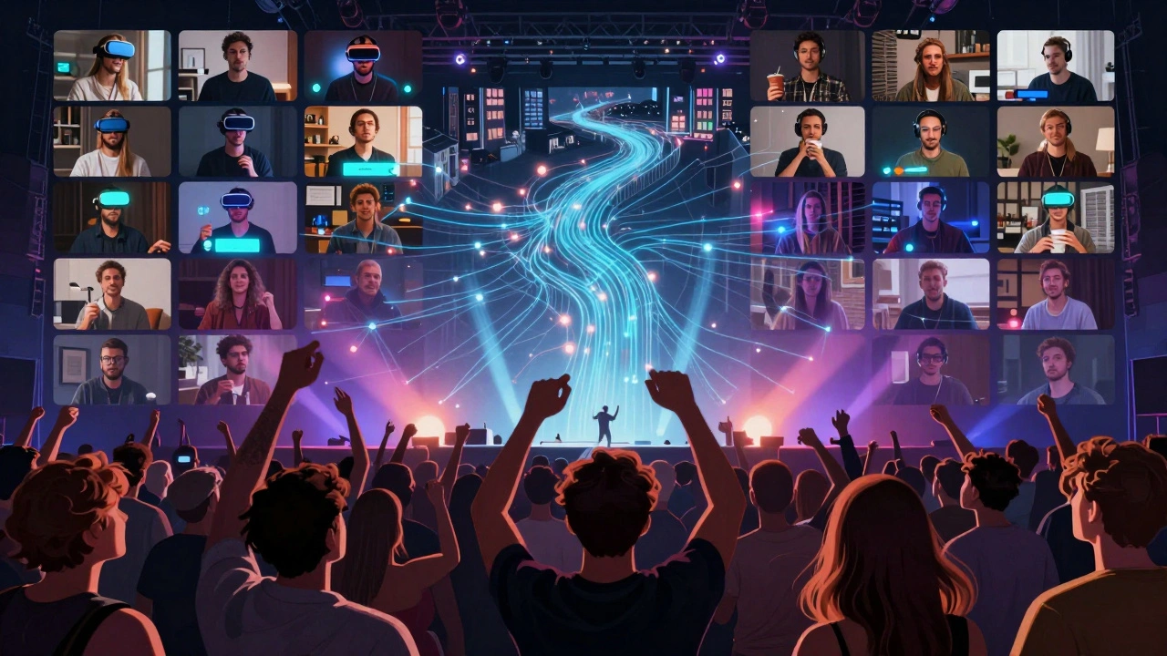 A live concert at Melkweg blends with virtual attendees worldwide, connected by glowing data streams shaped like canals.