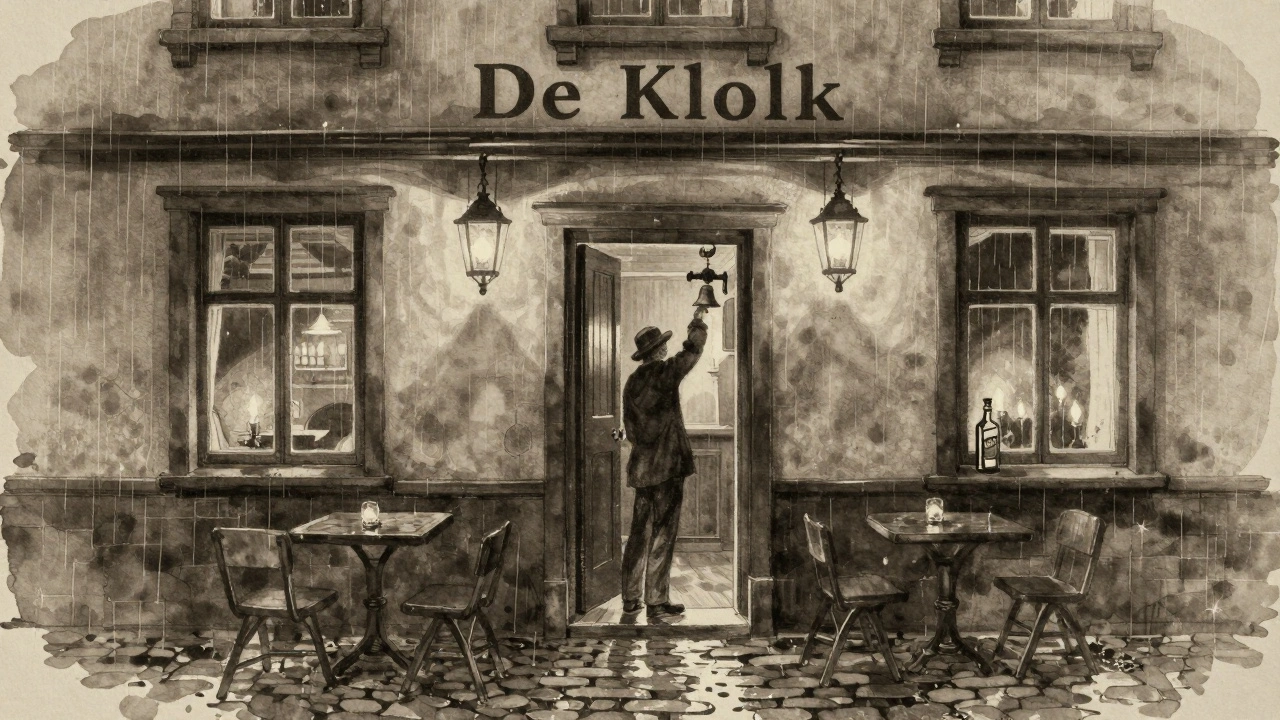 A person ringing a bell at the unmarked entrance of a hidden Amsterdam pub called De Klok, dimly lit interior.