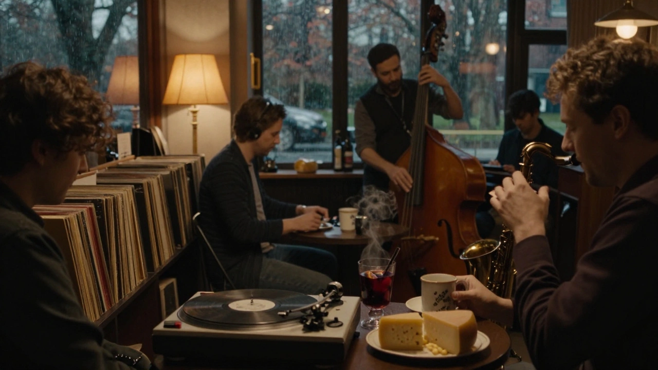 A quiet jazz trio performing in De Café, patrons sipping wine among vintage vinyl records.