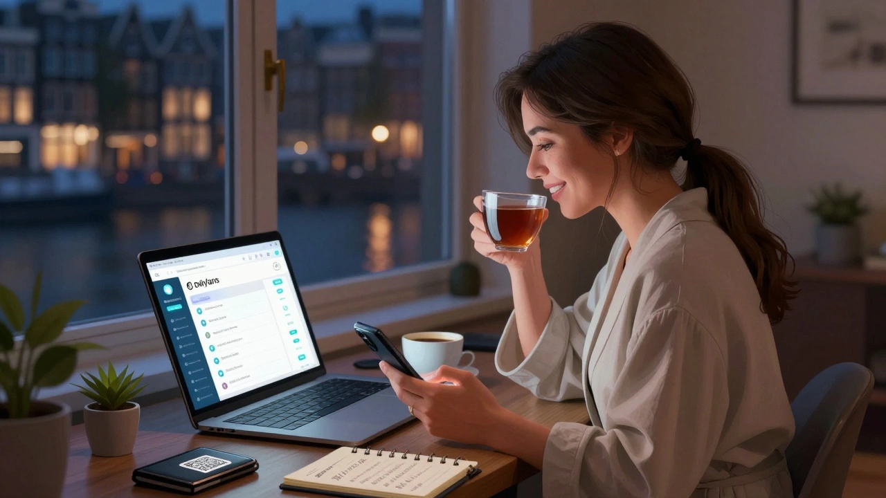 A sex worker using a laptop and phone in her apartment, managing online clients late at night.