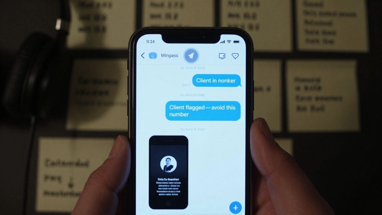 A smartphone screen showing a private safety chat between sex workers with notes and warnings visible.