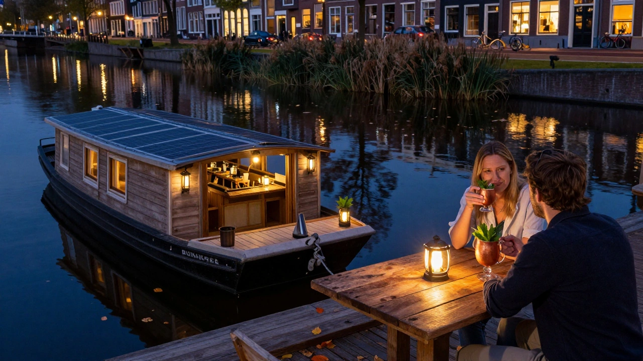 A sustainable canal-side bar at night with lanterns reflecting on still water.