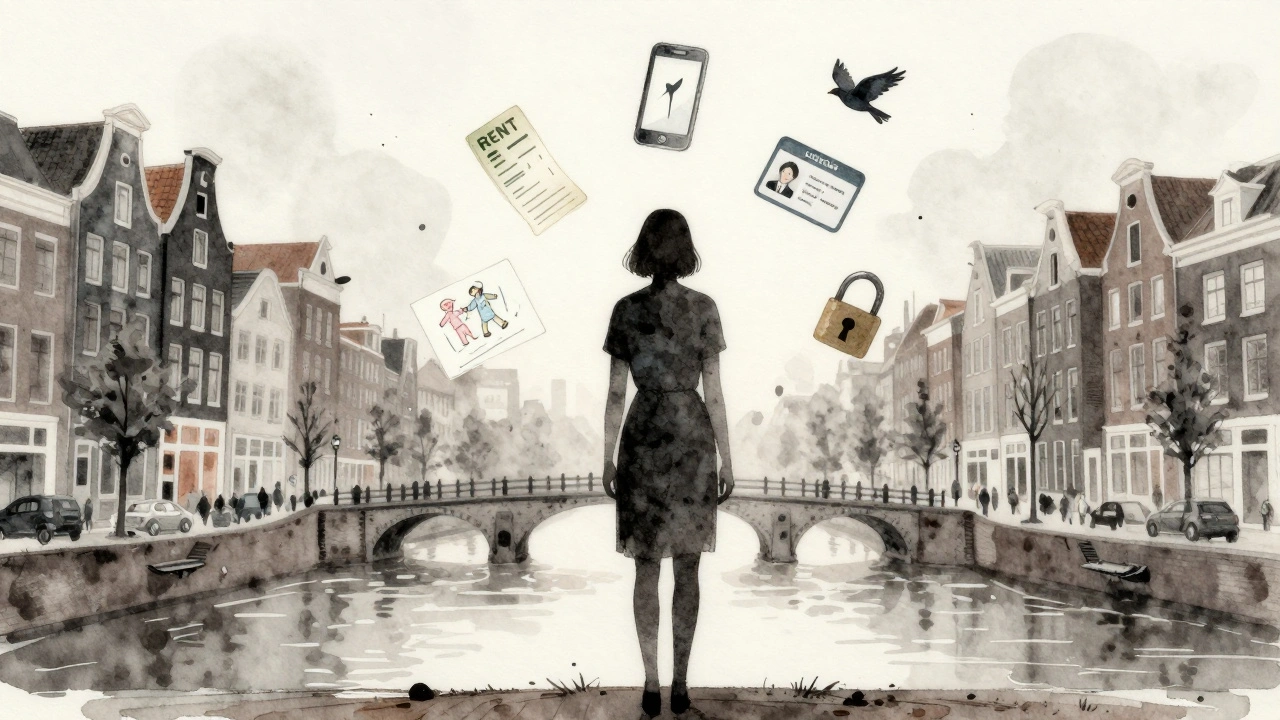 A symbolic watercolor illustration of a woman surrounded by objects representing her work, expenses, and hopes, set against Amsterdam&#039;s skyline.