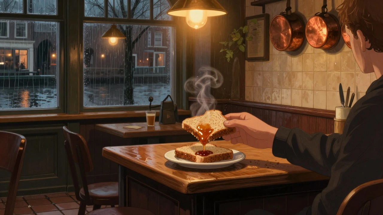 A warm stroopwafel sandwich is served in a quiet 24-hour café with canal lights reflecting on the window.