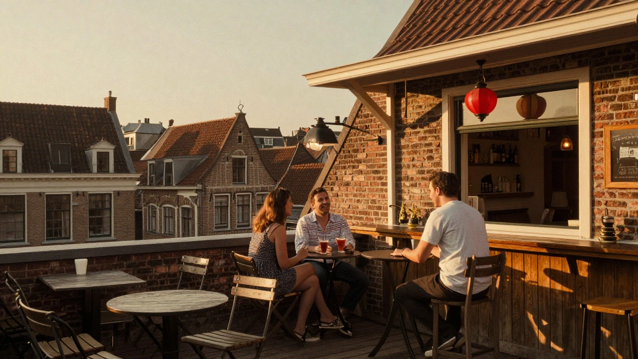 Authentic rooftop bar with locals enjoying cocktails as the sun sets over a historic Amsterdam neighborhood.