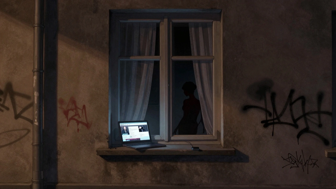 Berlin escort service in a quiet apartment, glowing laptop screen visible through curtain.