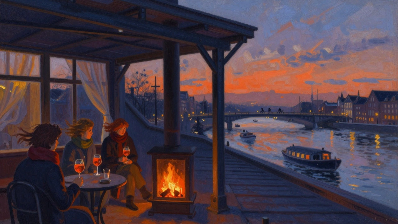 Cozy rooftop bar at dusk with fireplace and patrons overlooking the IJ River and houseboats.