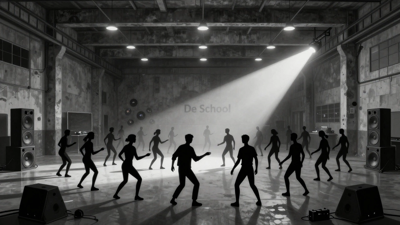 Crowd dancing in De School's industrial warehouse with concrete floors and intense techno lighting.