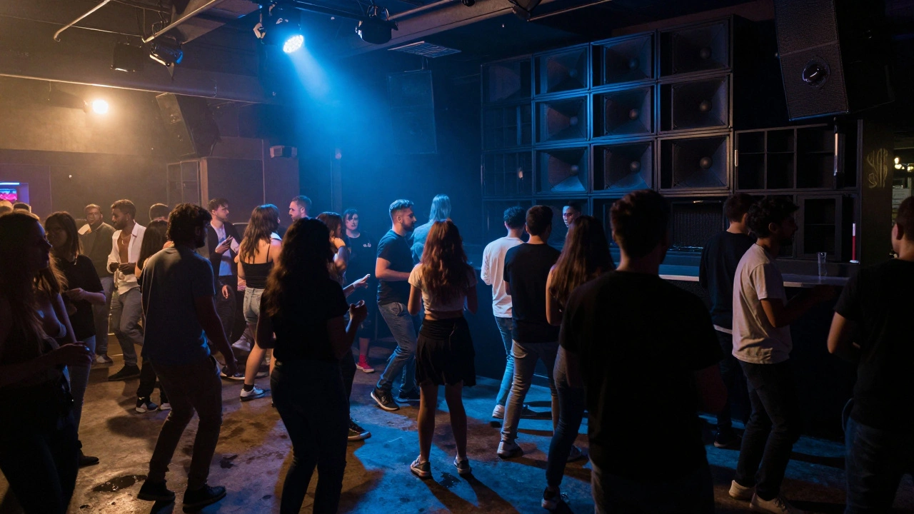 Crowd dancing in De School nightclub under strobing lights, concrete floor reflecting sound and motion.