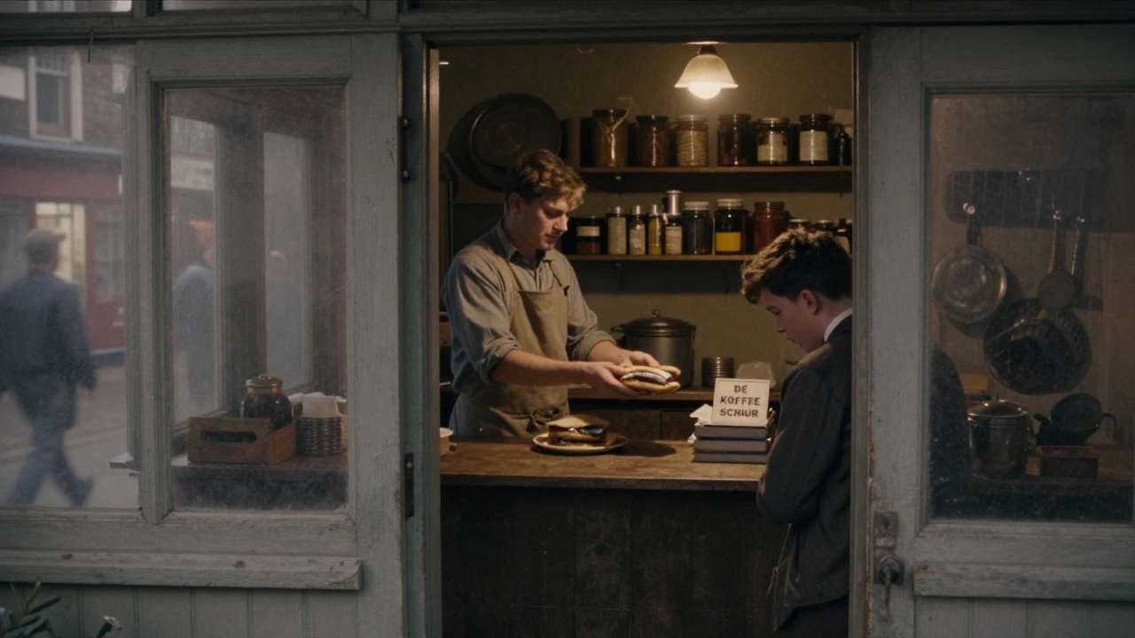Dimly lit snack bar in Oud-West handing a raw herring sandwich to a customer after midnight.