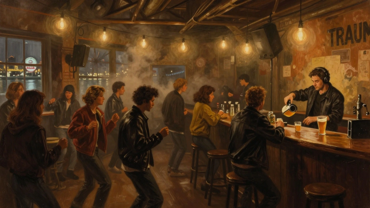 Diverse group dancing in a dim warehouse with string lights and a bartender pouring beer.