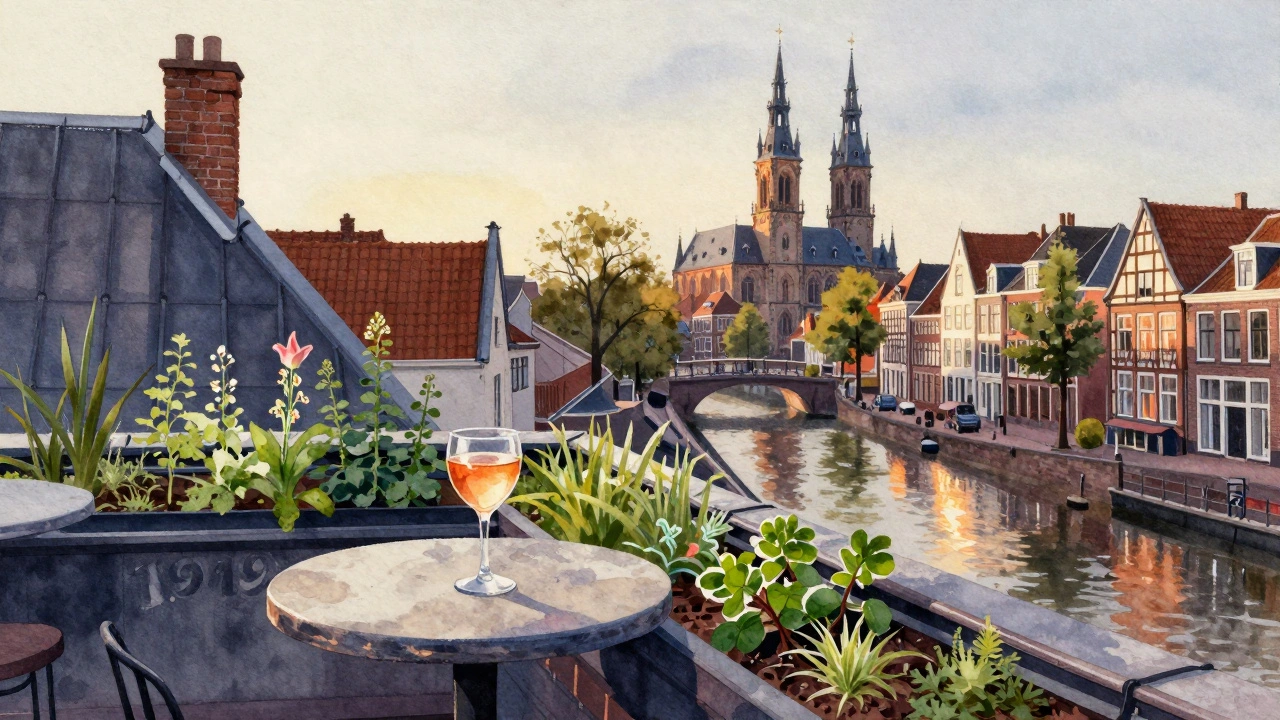 Hidden Bar 1919 rooftop with genever cocktail and herbs, overlooking Amsterdam’s historic spires.