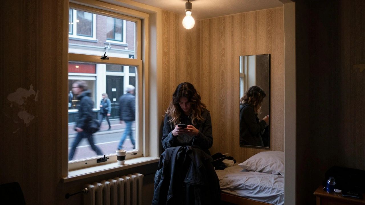 Inside a small window room in Amsterdam&#039;s red-light district, a woman checks her phone beside a bed and mirror, with blurred figures passing outside.