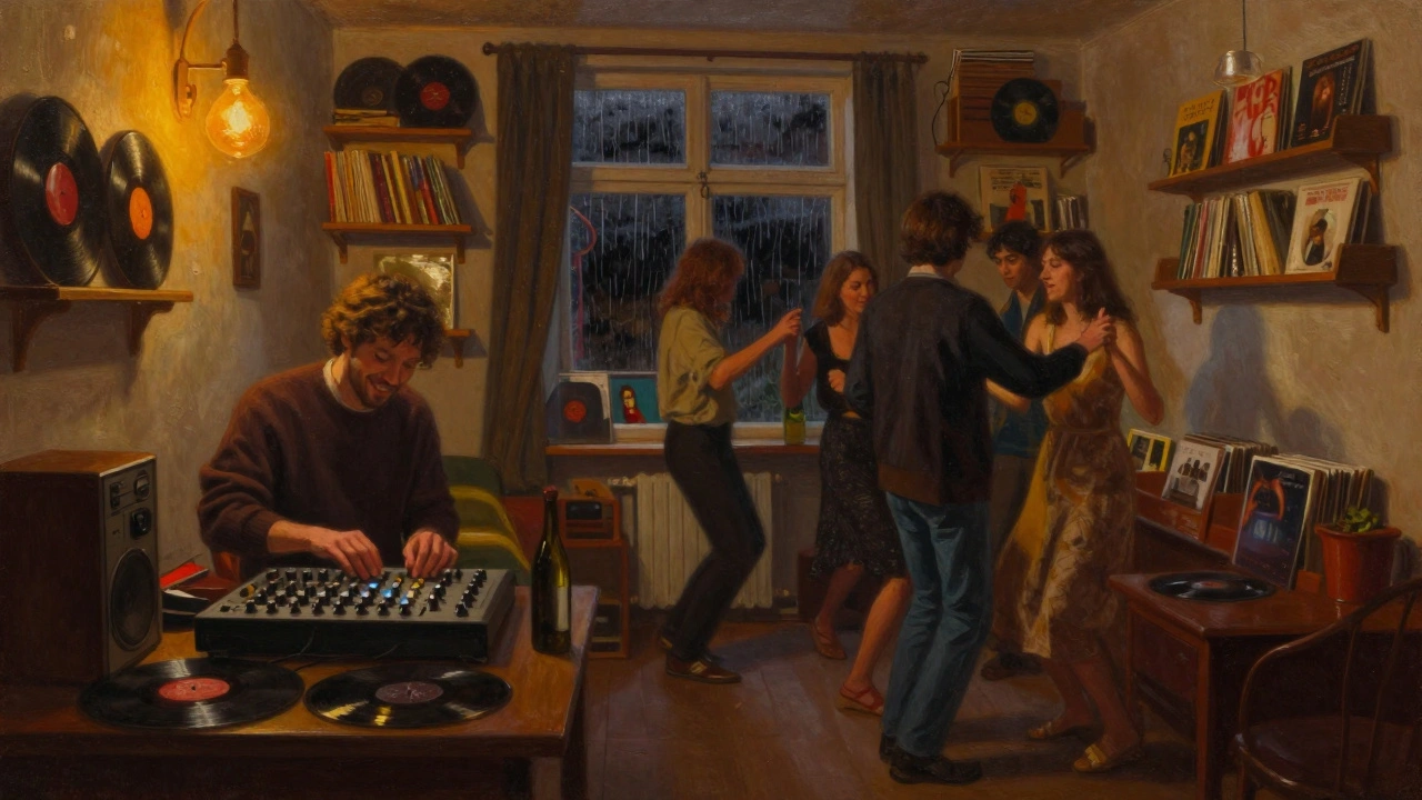 Intimate dim room with vinyl records and soft lighting, people dancing quietly at Ton Ton club.