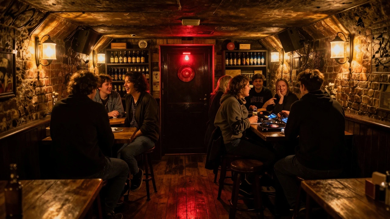 Intimate scene inside Waterhole bar with dim lighting, vinyl DJ, and locals chatting in a hidden basement.