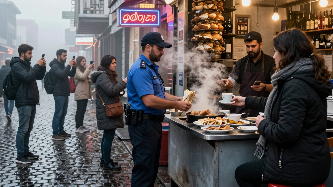 Local workers receive food and coffee from vendors at dawn, while tourists take photos in the background of Amsterdam&#039;s Red Light District.
