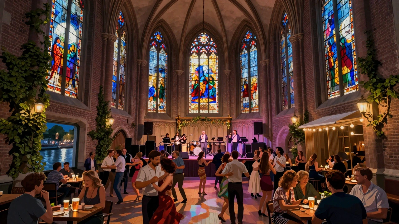 People dancing inside Paradiso church with stained glass lighting up the dance floor at night.