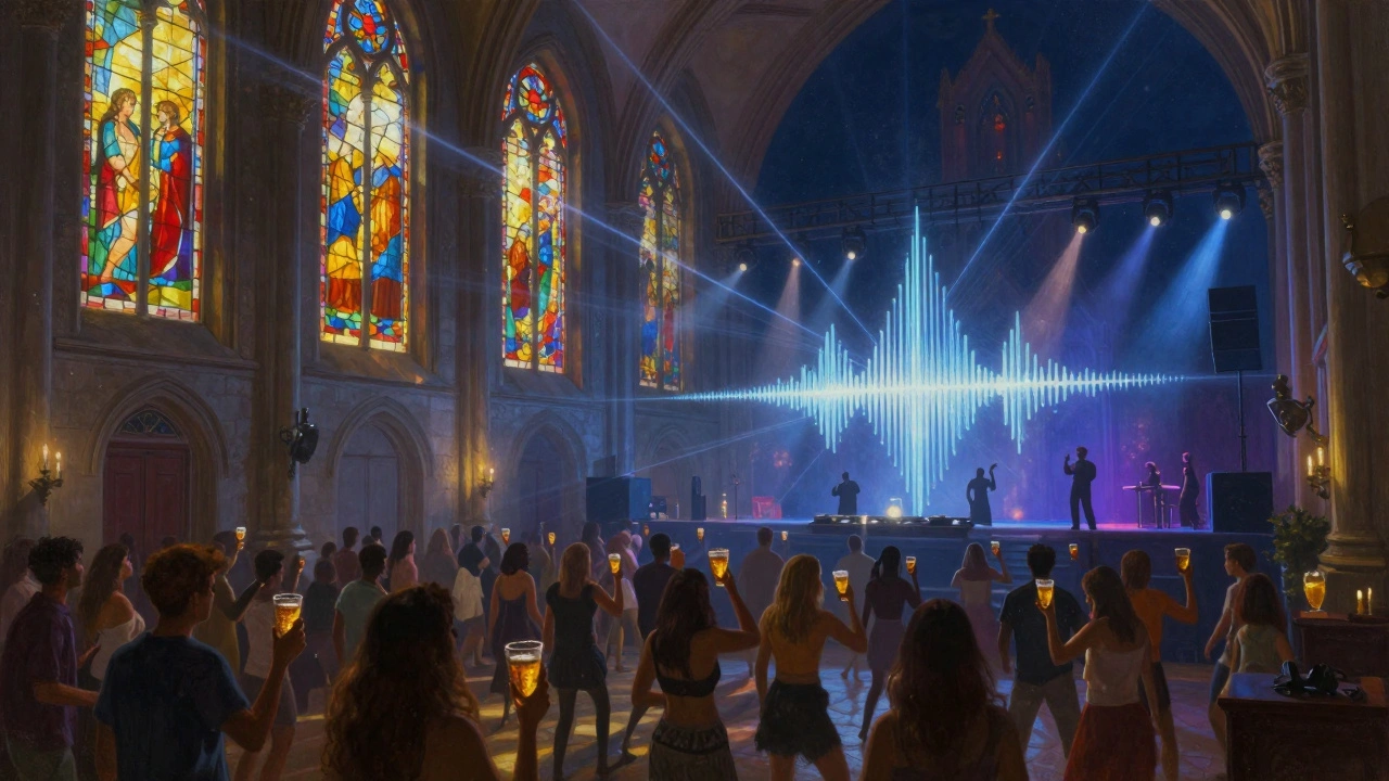 Stained-glass church transformed into a club with laser lights and dancers spilling into a courtyard.